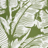 Close up of wallpaper with bold high contrast tropical banana leaf pattern in white on green.