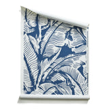 A roll of wallpaper with bold high contrast tropical banana leaf pattern in white on sea foam blue.