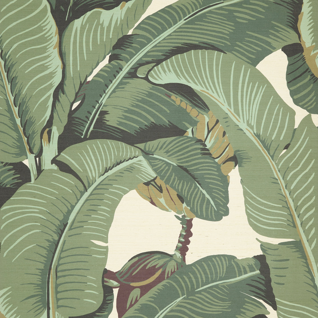 Close up of banana leaf patterned grasscloth wallpaper in shades of muted greens on beige. 