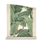 A roll of banana leaf patterned grasscloth wallpaper in shades of muted greens on beige.