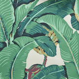 Close up of banana leaf patterned wallpaper in shades of jungle greens on white. 