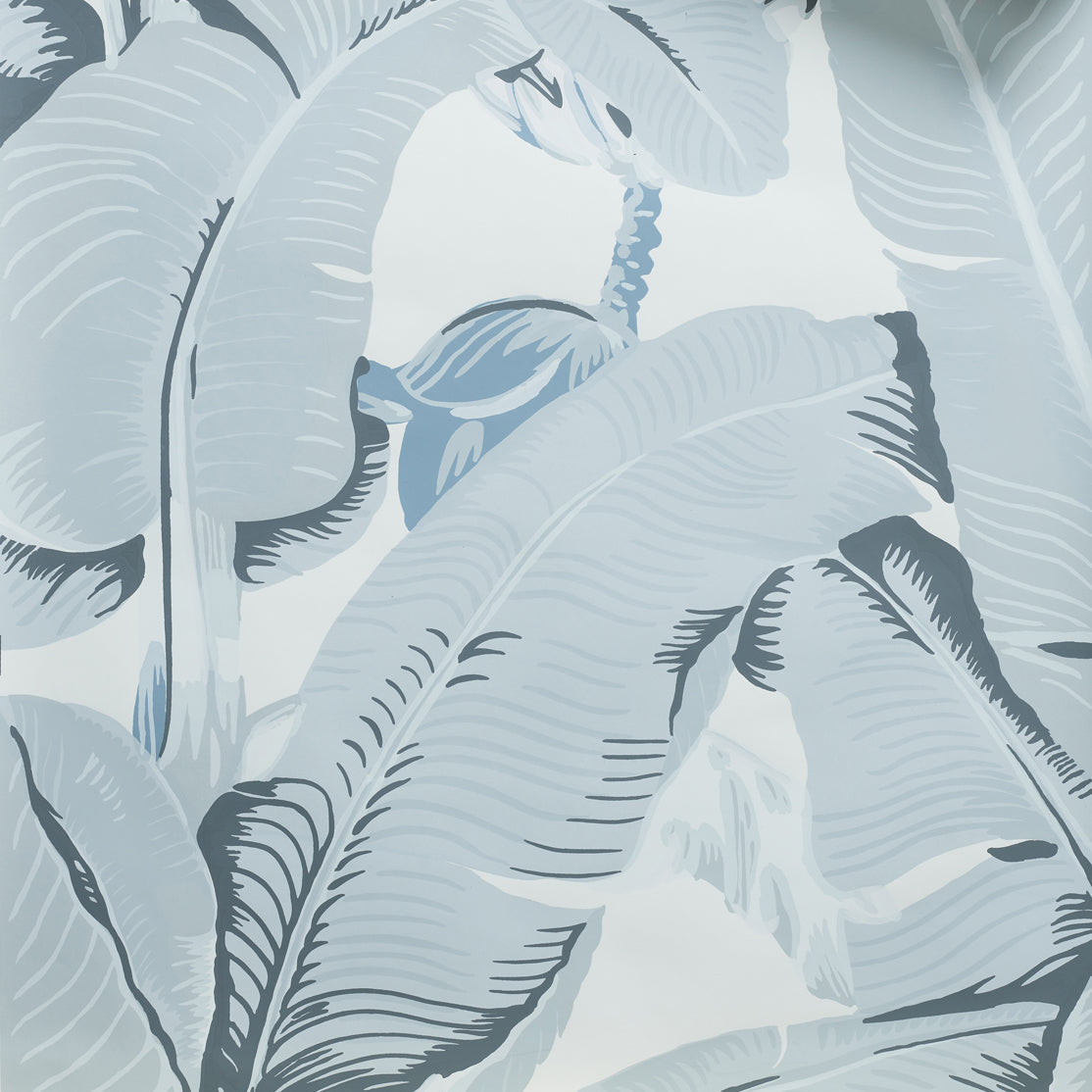 A close-up of a tropical wallpaper pattern featuring large, stylized palm leaves in shades of slate blue-gray and off-white.