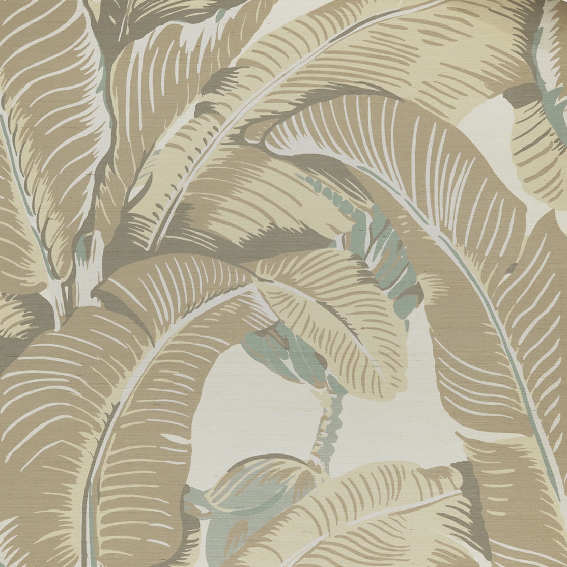 Banana leaf pattern grasscloth in muted beige, cream, and soft sage green tones.
