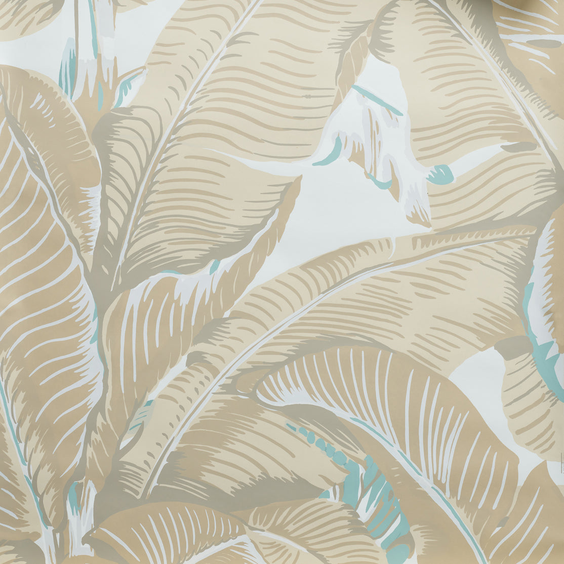 Close up of Banana leaf pattern wallpaper in beige, white, and light blue.