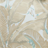 Close up of Banana leaf pattern wallpaper in beige, white, and light blue.