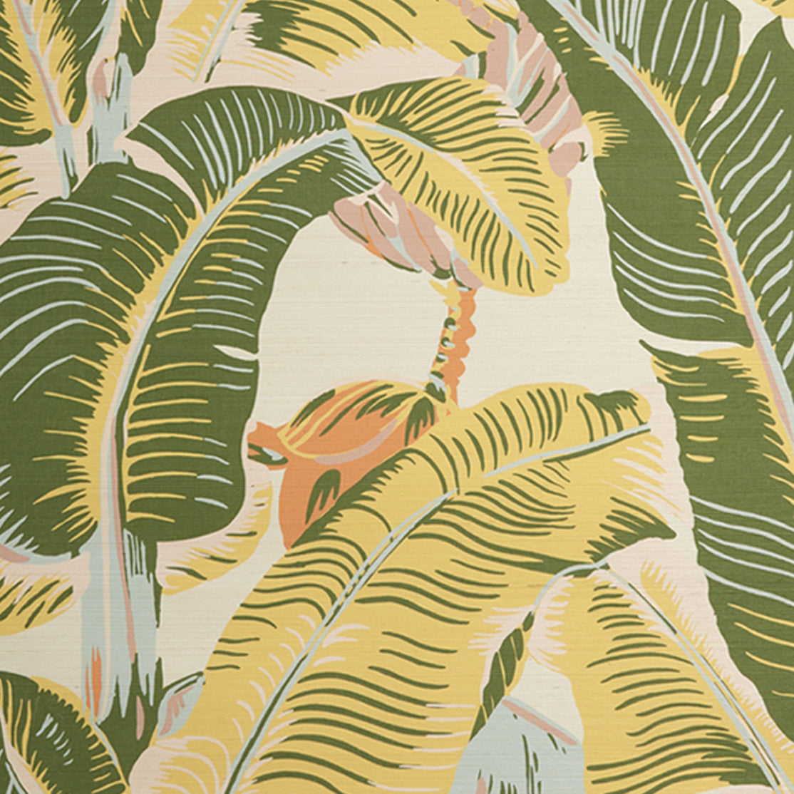 Banana leaf patterned grasscloth featuring large tropical leaves in olive green and yellow on a warm cream background, with a small orange flower accent.