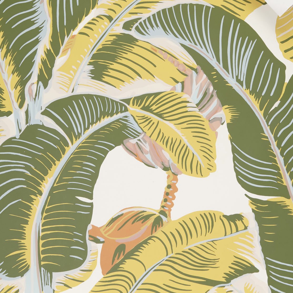 A close-up of a tropical banana leaf pattern with large green and yellow leaves, peach-colored flowers, and a cream background.