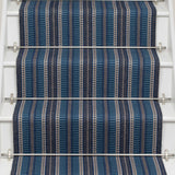 Striped flatweave runner in blue and black on white staircase