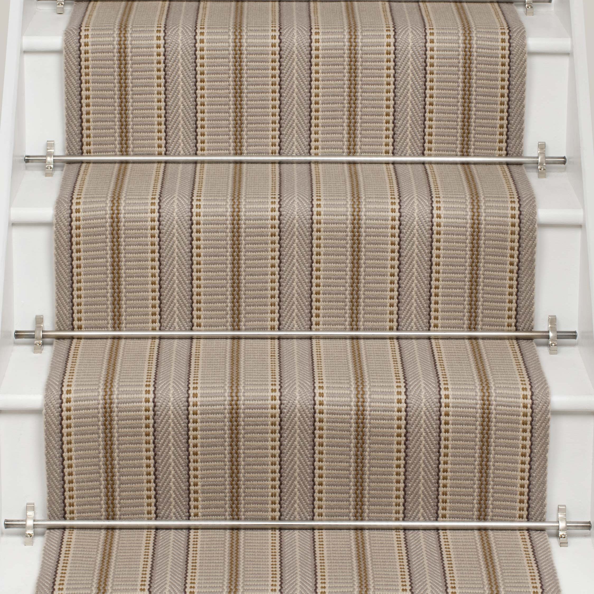 Striped flatweave runner in grey and cream on white staircase