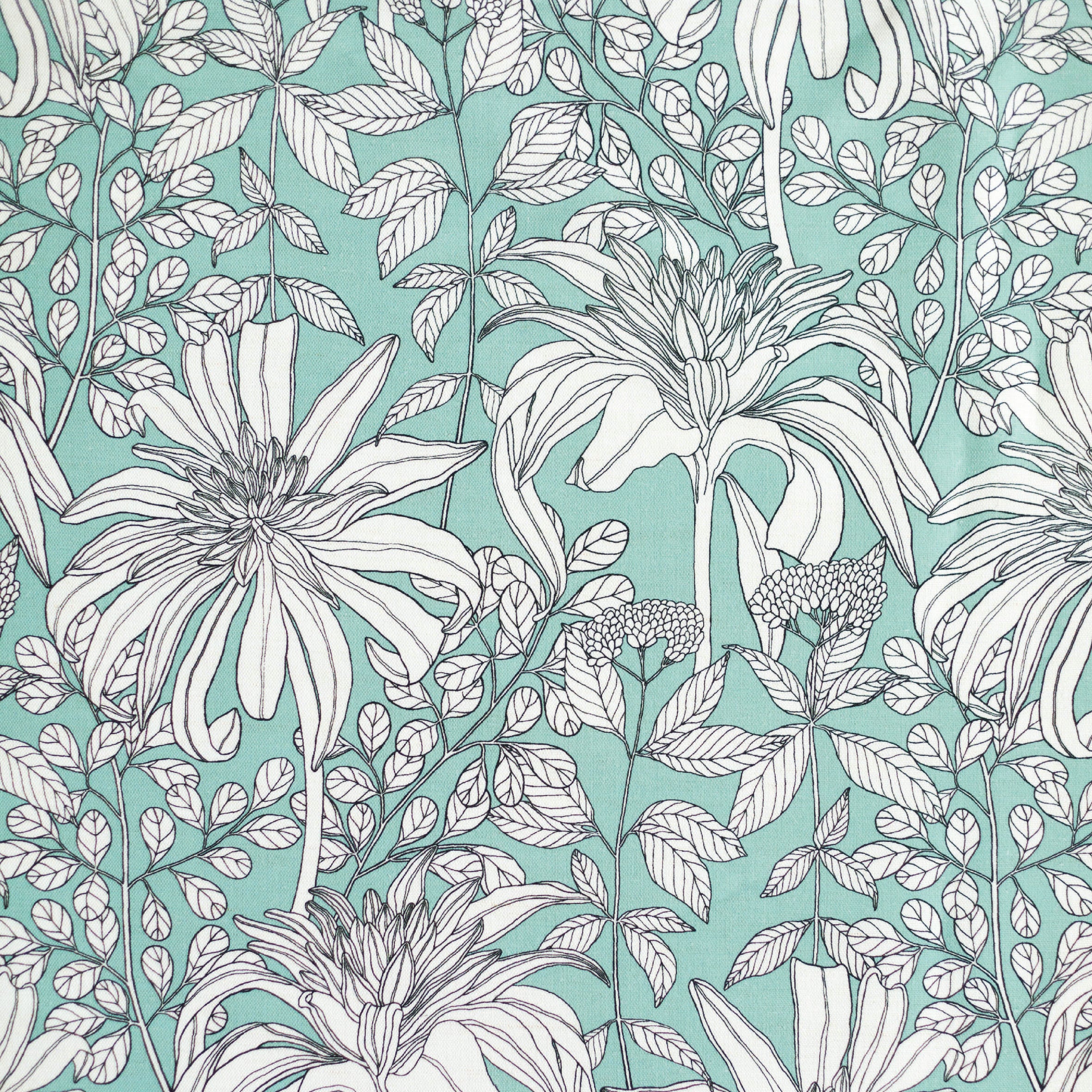 Detail of fabric in a floral print in black and white on a light turquoise field.