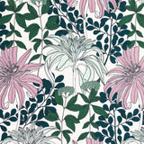 Detail of fabric in a floral print in shades of pink and green on a white field.