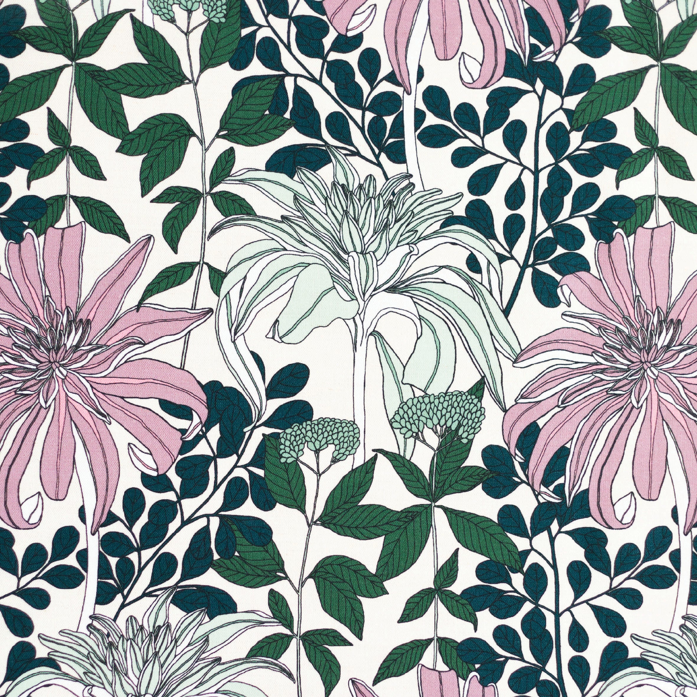 Detail of fabric in a floral print in shades of pink and green on a white field.