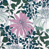 Detail of wallpaper in a floral print in pink, green and blue on a white field.