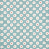 Detail of fabric in a repeating blossom print in white on a light turquoise field.