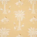 Detail of fabric in a playful palm tree print in tan and white on a light yellow field.