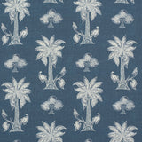 Detail of fabric in a playful palm tree print in white and navy on a blue field.