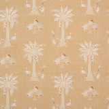 Detail of fabric in a playful palm tree print in tan and white on a light yellow field.