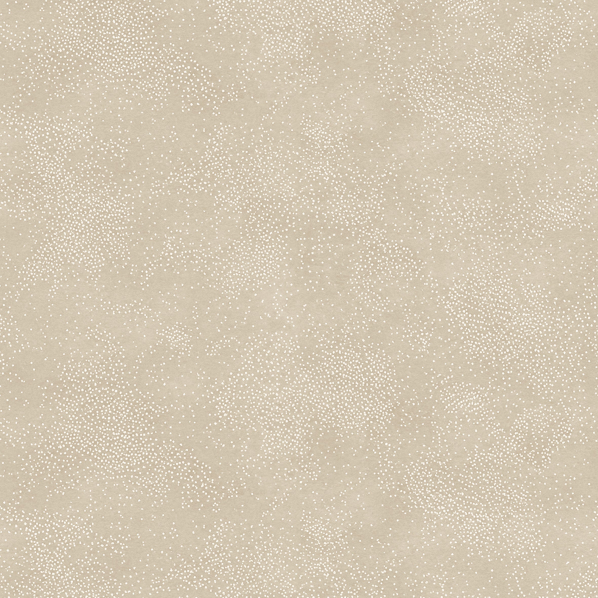 Detail of printed wallpaper with a white celestial dotted pattern on a beige background. 