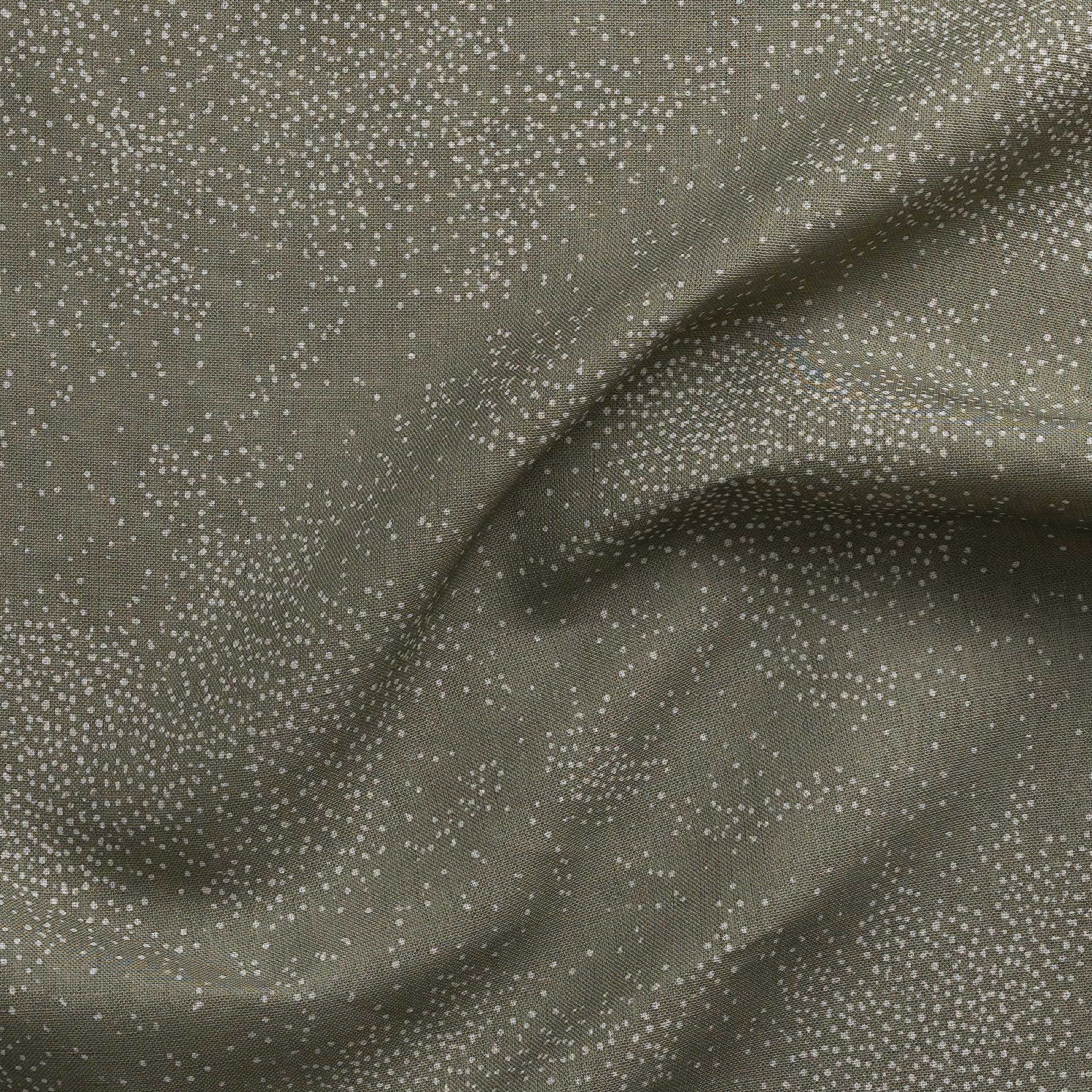 Detail of gently draped printed fabric with a white celestial dotted pattern on a muted sage green background. 