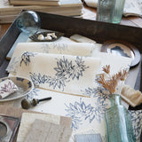 Desk setting with floral-patterned paper, inkwell, and bottles on a wooden surface.