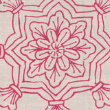Detail of fabric in a floral medallion print in pink on a cream field.