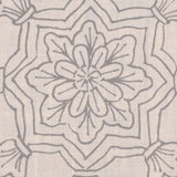 Detail of fabric in a floral medallion print in gray on a cream field.