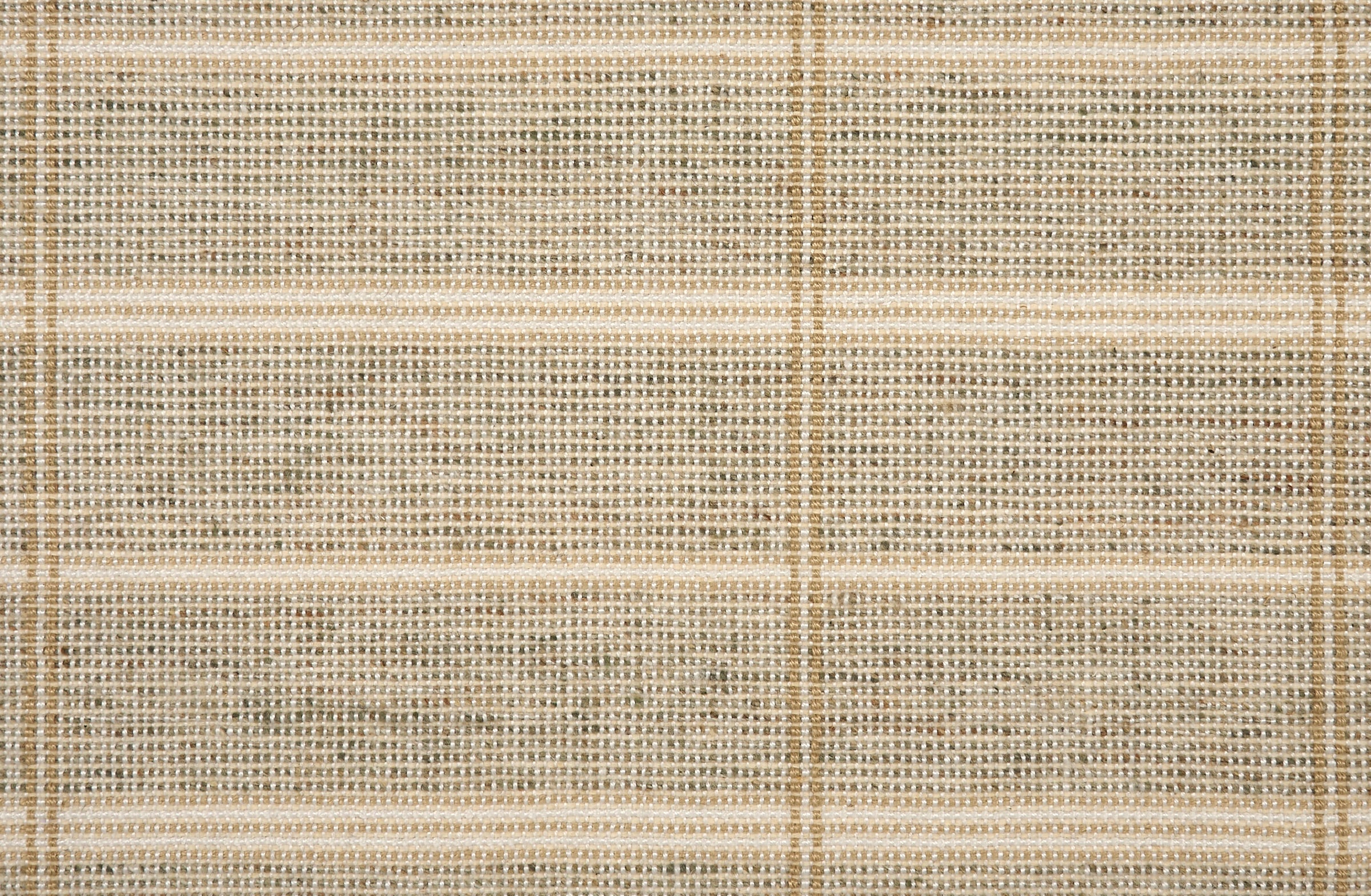 Broadloom carpet in large scale plaid in shades of tan and taupe.