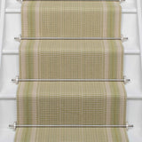 Striped flatweave runner in sage on white staircase 
