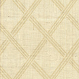 Detail of fabric in a diamond lattice print in tan on a cream field.