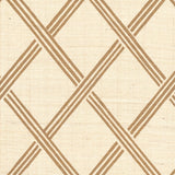 Detail of fabric in a diamond lattice print in brown on a cream field.