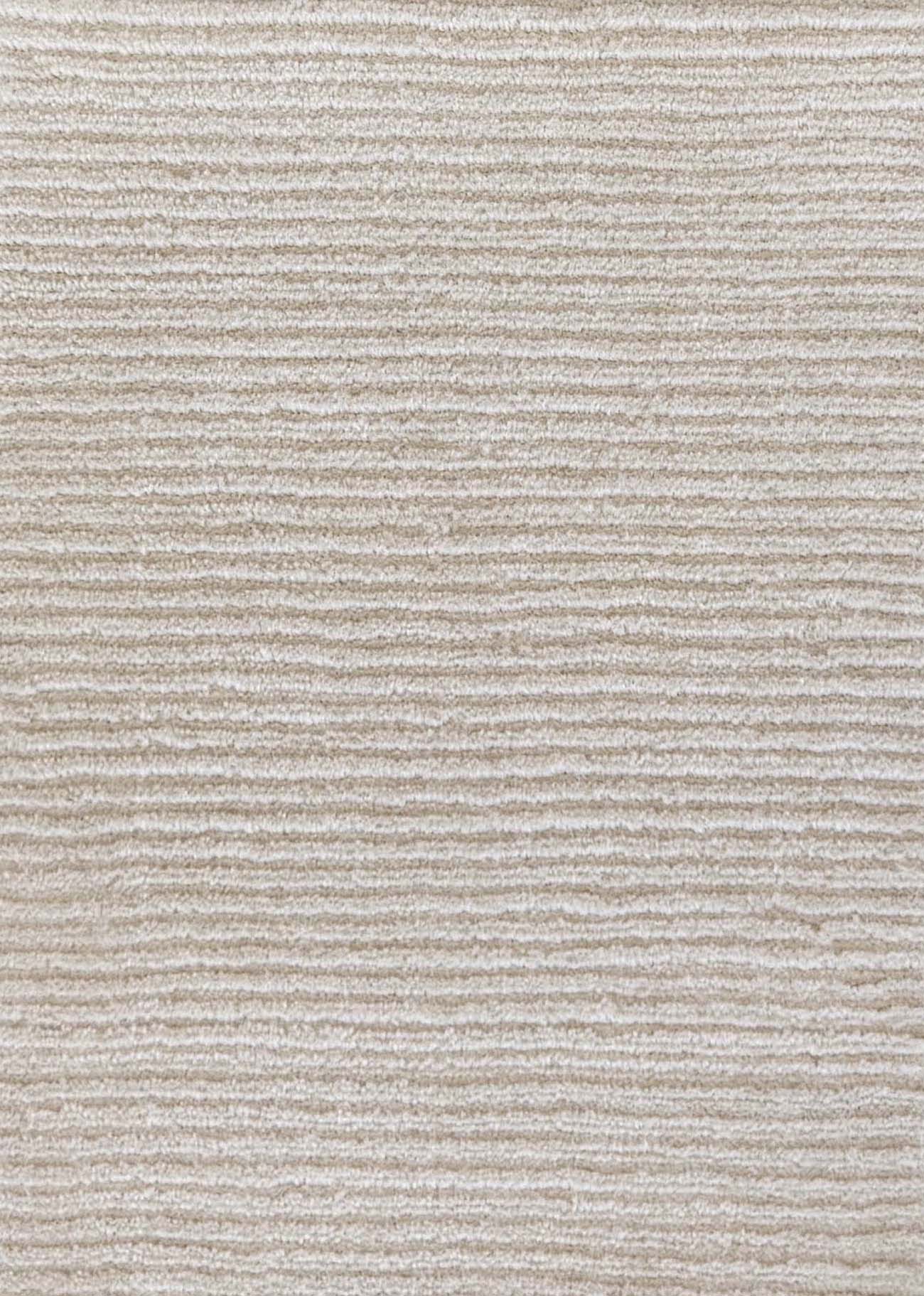 Close up of broadloom carpet with solid cut pile ribbed stripe in beige. 