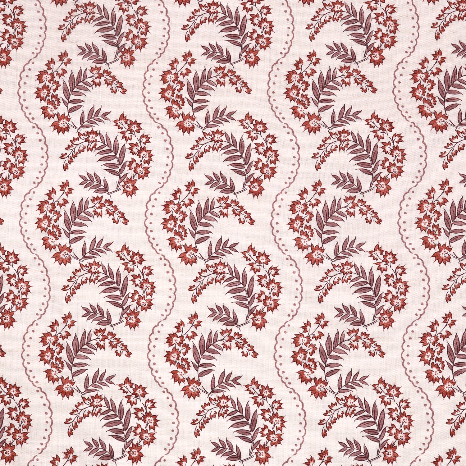Floral pattern with scrolling stripes in purple and rust. 