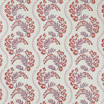 Wallpaper with floral pattern with scrolling stripes in shades of lilac and coral red. 