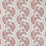 Wallpaper with floral pattern with scrolling stripes in shades of lilac and coral red. 