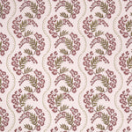 Floral pattern with scrolling stripes in purple and green. 
