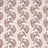 Floral pattern with scrolling stripes in purple and green. 