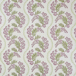 Wallpaper with floral pattern with scrolling stripes in shades of lilac and sage green.