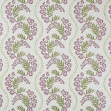 Wallpaper with floral pattern with scrolling stripes in shades of lilac and sage green.