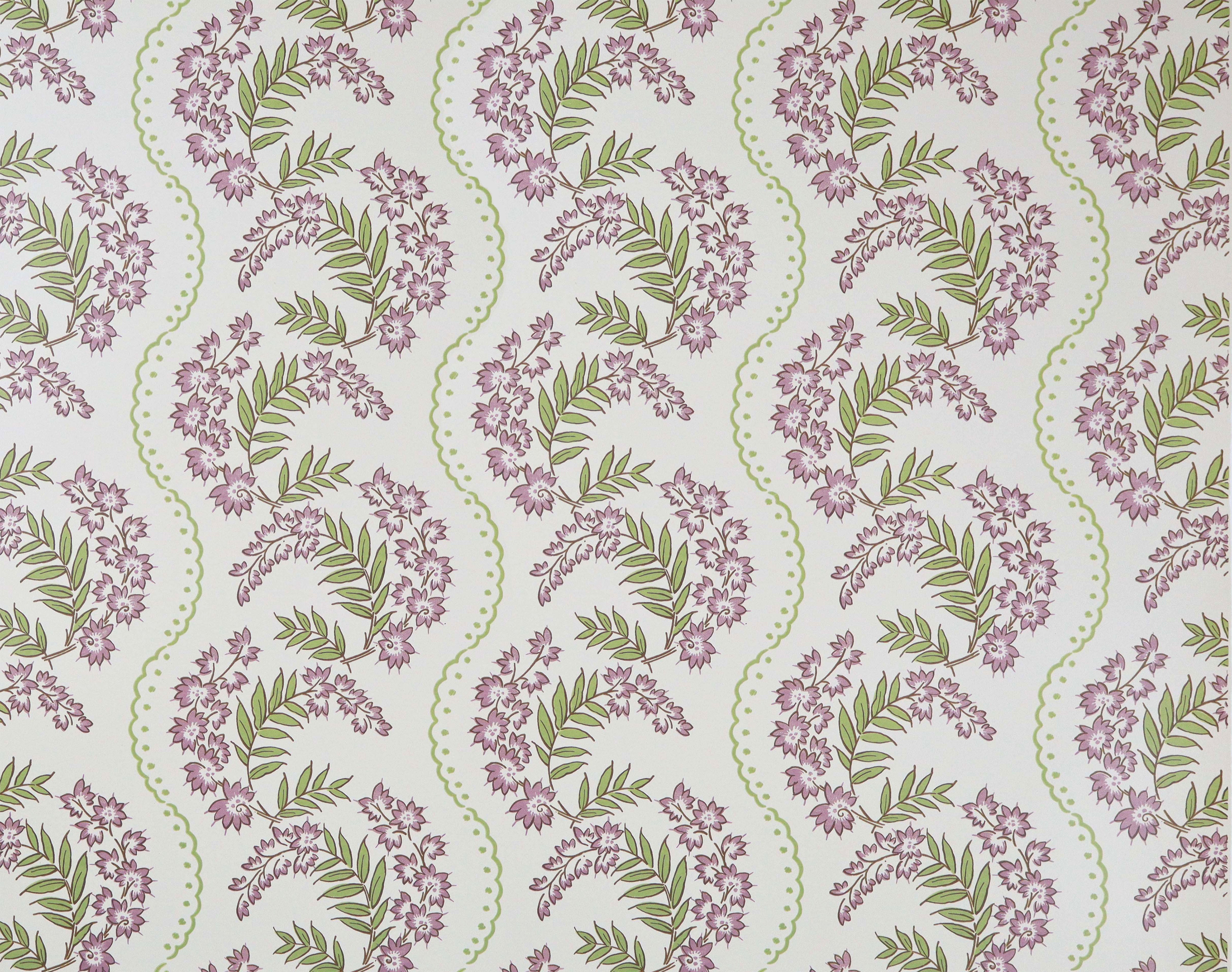 Wallpaper with floral pattern with scrolling stripes in shades of lilac and sage green.