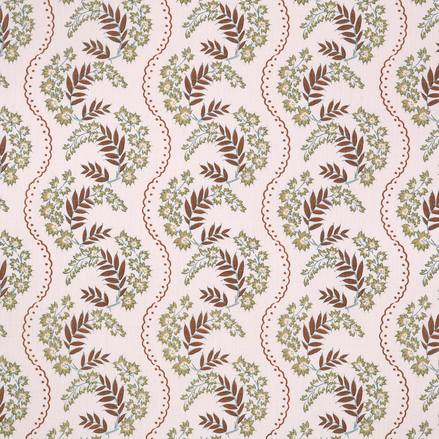 Floral pattern with scrolling stripes in brown and light green.