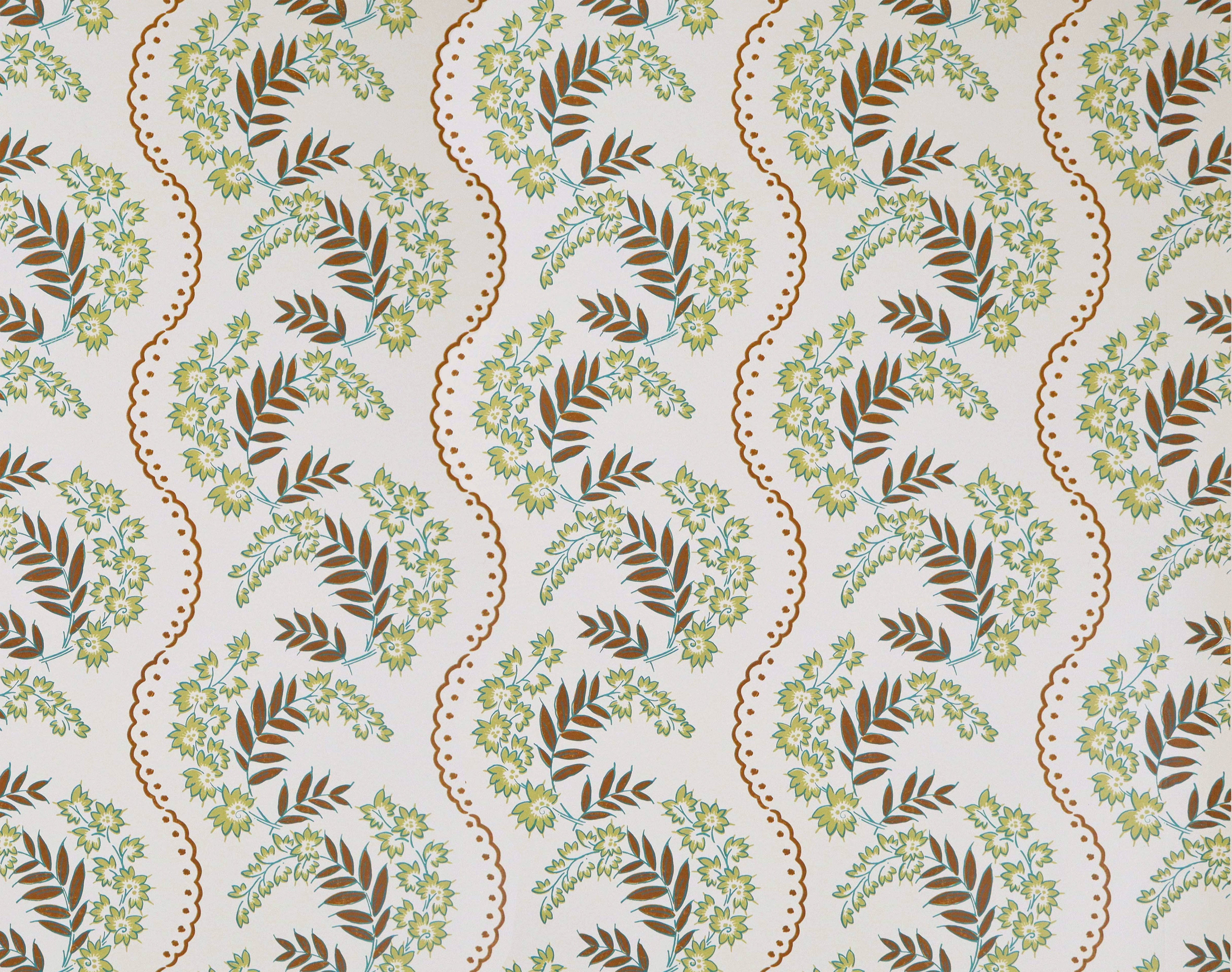 Wallpaper with floral pattern with scrolling stripes in shades of brown, lime green and turquoise.