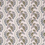 Floral pattern with scrolling stripes in blue and green.