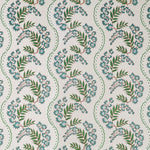 Wallpaper with floral pattern with scrolling stripes in shades of turquoise and green.