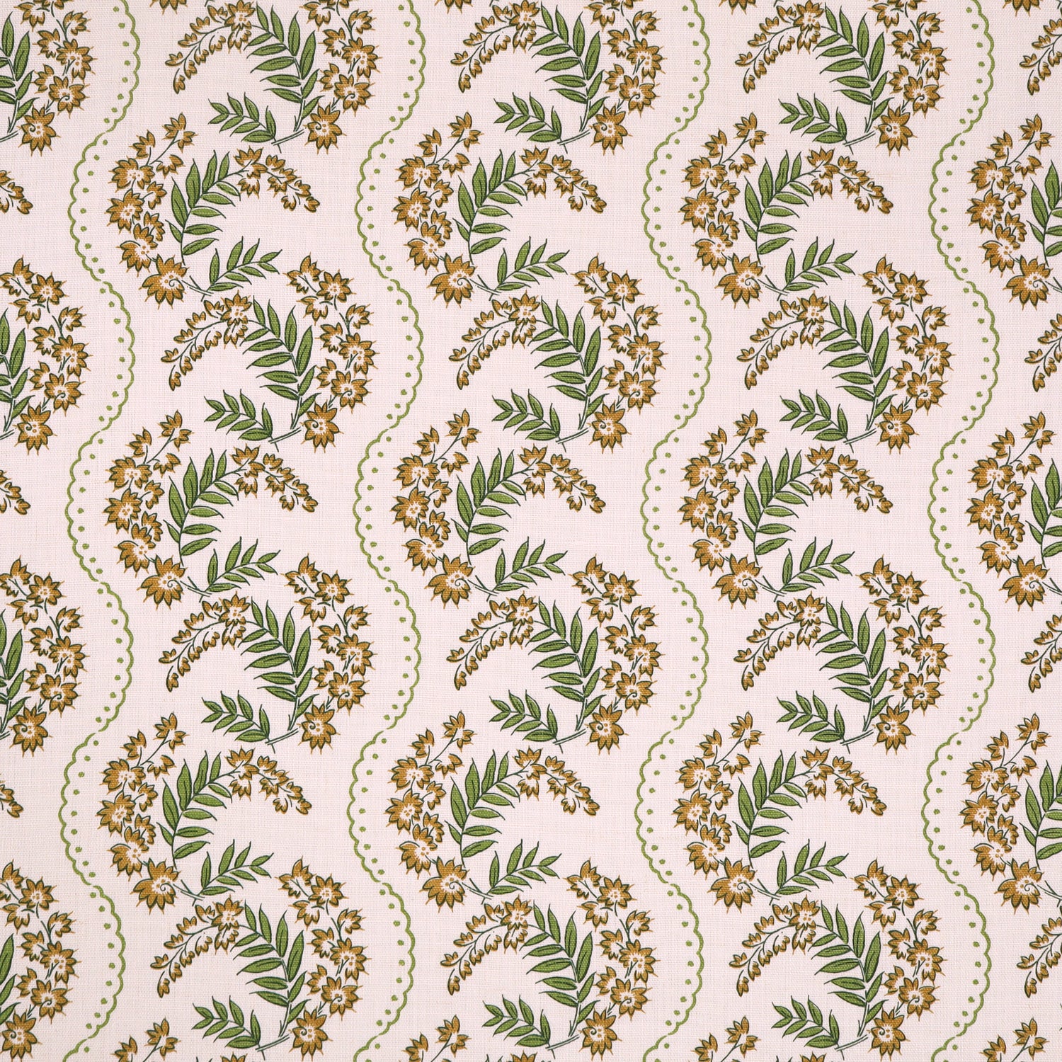 Floral pattern with scrolling stripes in green and yellow.