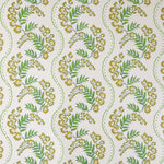 Wallpaper with floral pattern with scrolling stripes in shades of green and yellow. 