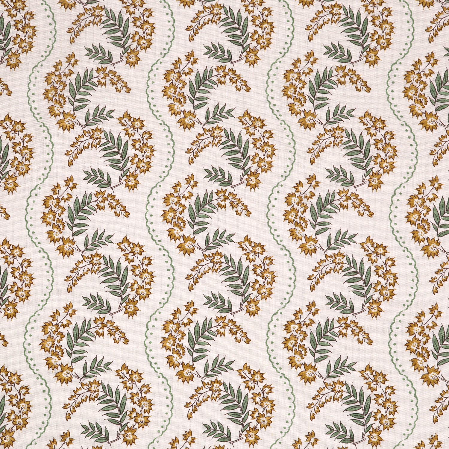 Floral pattern with scrolling stripes in green and yellow. 