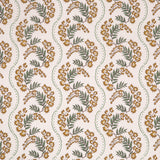 Floral pattern with scrolling stripes in green and yellow. 