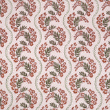 Floral pattern with scrolling stripes in green and orange. 
