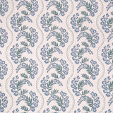 Floral pattern with scrolling stripes in shades of blue. 
