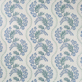 Wallpaper with floral pattern with scrolling stripes in shades of blue. 